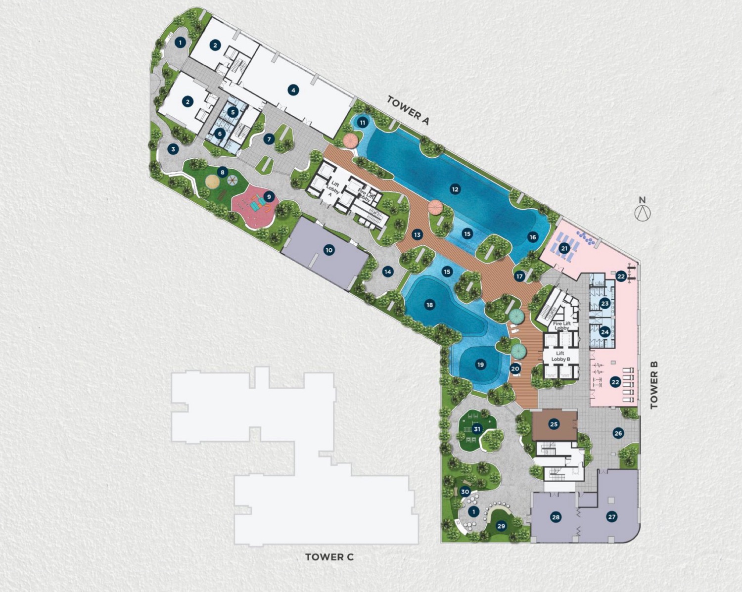 Illustrated plan of the Level 7 facilities floor with pools, gardens and lounges