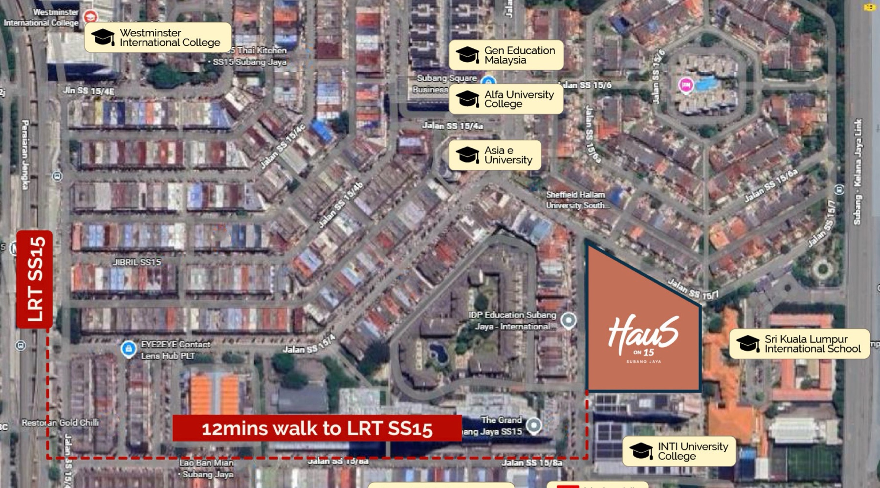 Aerial photo of SS15 marking the project site and 12 minutes walk to SS15 LRT