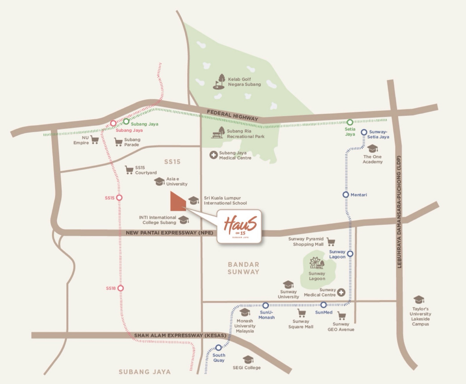 Illustrative location diagram showing Haus on 15 in SS15 with nearby universities, malls, LRT stations and highways